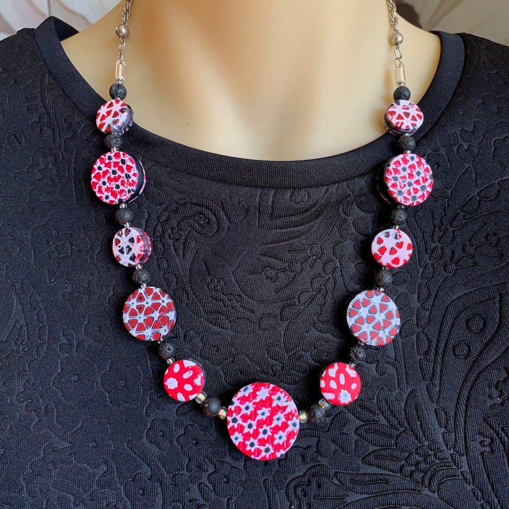 Rennique contemporary handcrafted polymer clay necklace coastal inspired red black white geometric statement style