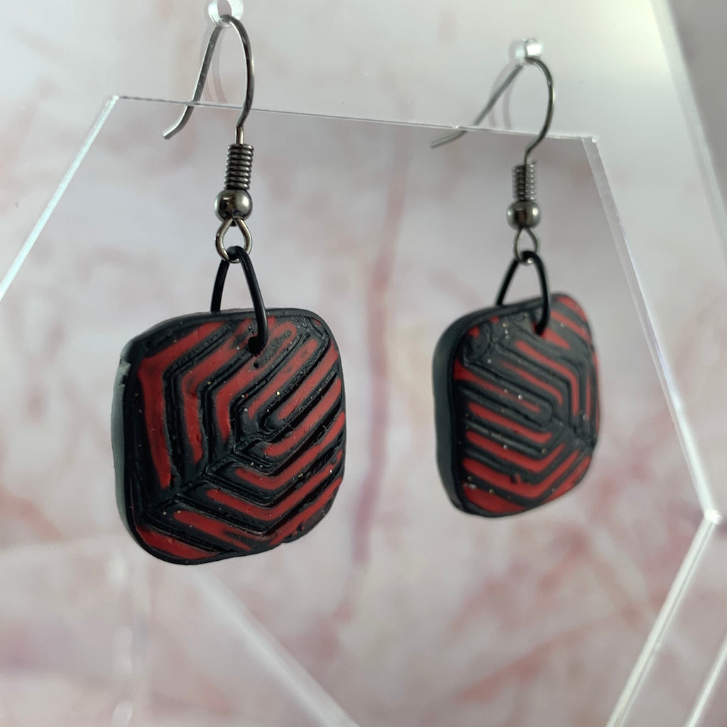 Rennique Australian artist made geometric polymer clay earrings in bold red and black wearable art design