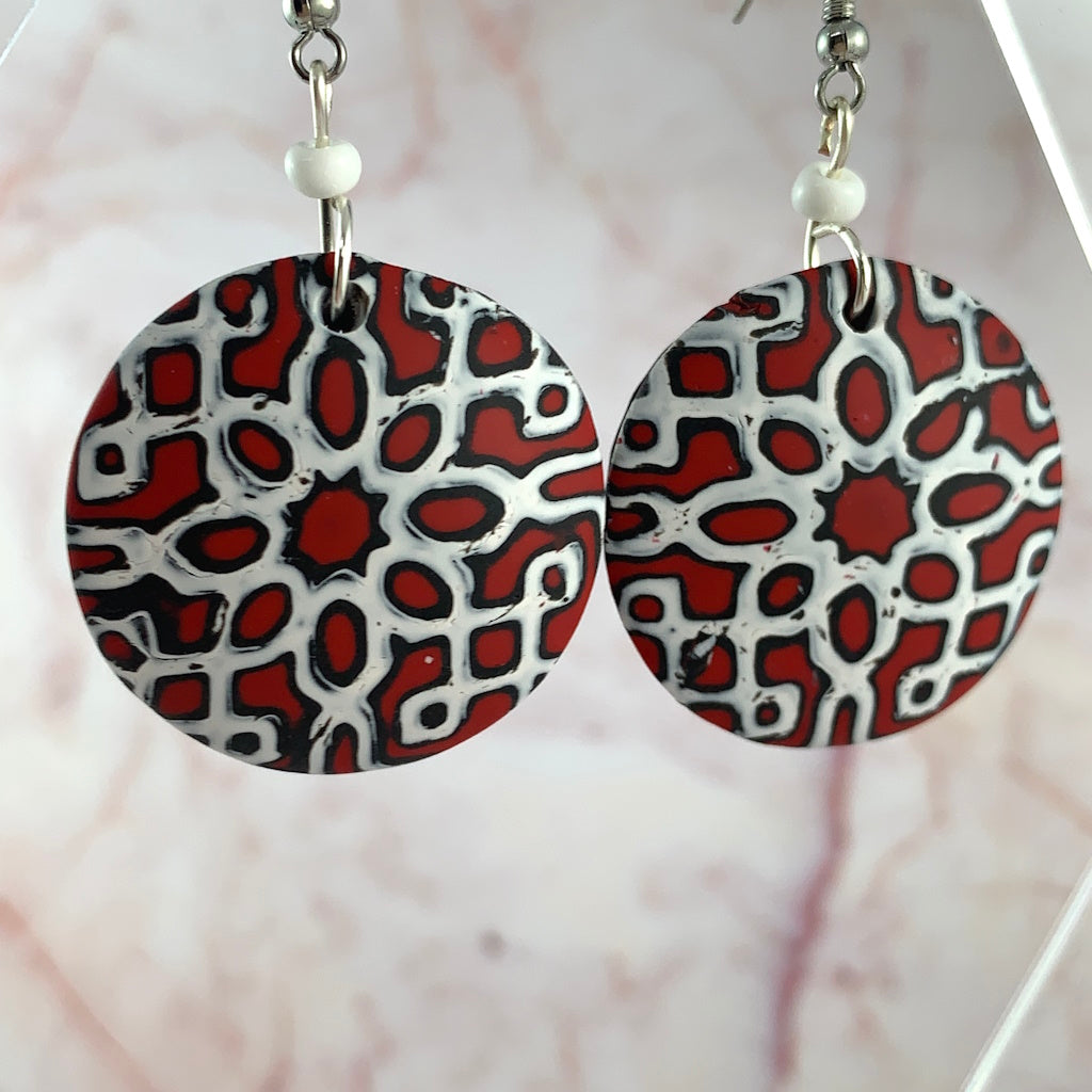 Rennique contemporary studio jewellery handcrafted polymer clay earrings bold red black white geometric pattern drop style