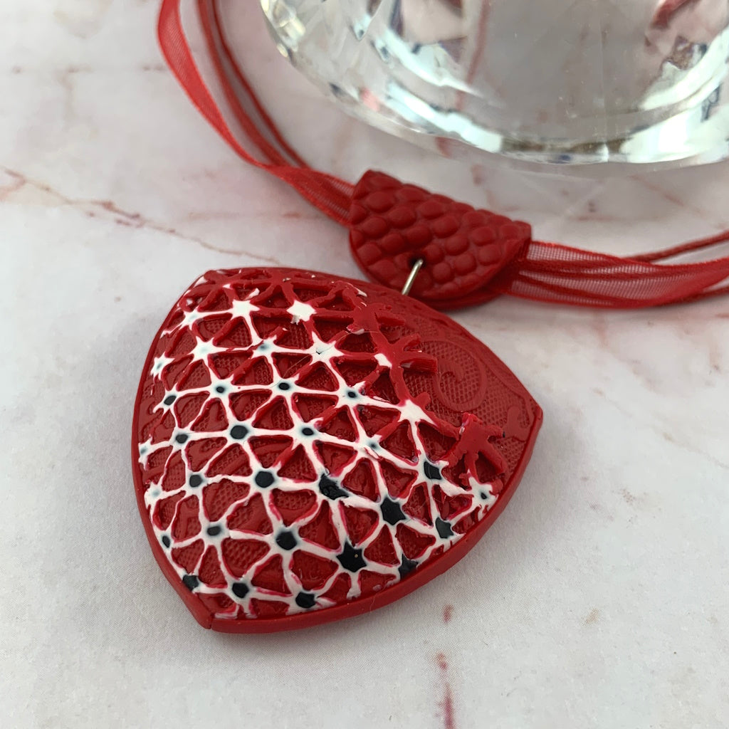 Rennique Australian artist made hand-sculpted polymer clay statement pendant necklace in crimson lace textured design