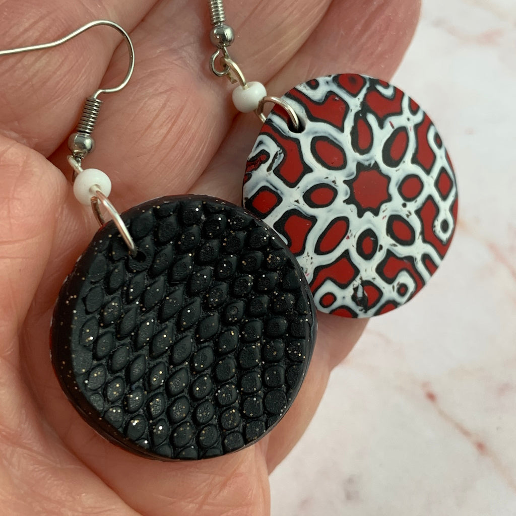 Rennique double sided polymer clay earrings geometric red black white front with textured black back artisan design