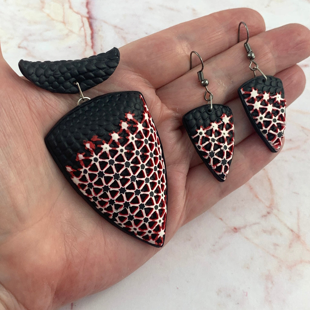 Rennique geometric necklace and earrings set in hand black red white polymer clay jewellery artisan handmade bold modern statement set