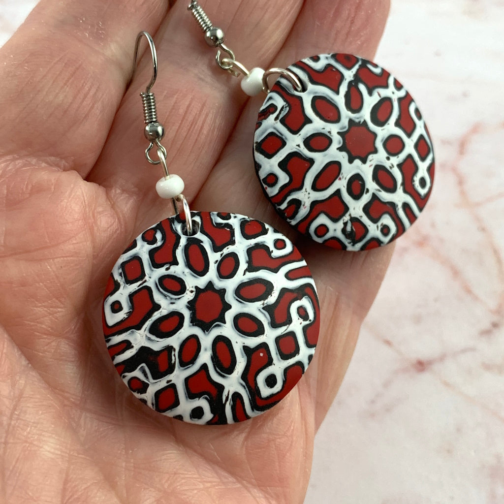 Rennique artisan polymer clay earrings red black white geometric pattern statement size lightweight modern jewellery