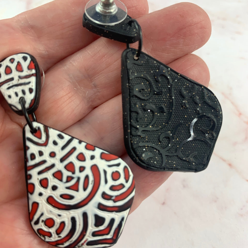 Rennique handmade mandala earrings back texture black polymer clay artisan jewellery lightweight wearable art bold pattern design