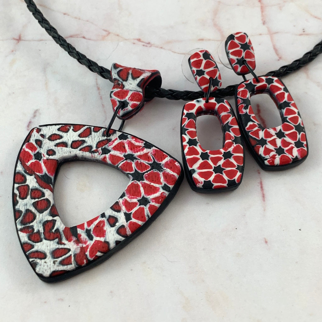Rennique matching jewellery set red black white geometric polymer clay necklace and earrings artisan design