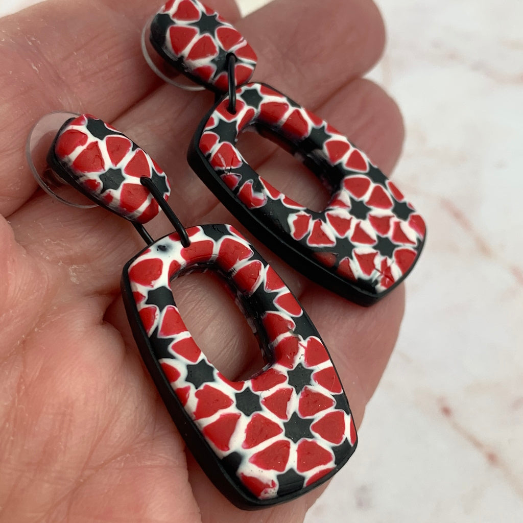 Rennique modern geometric earrings red black white vivid marbled clay handcrafted artisan jewellery bold statement