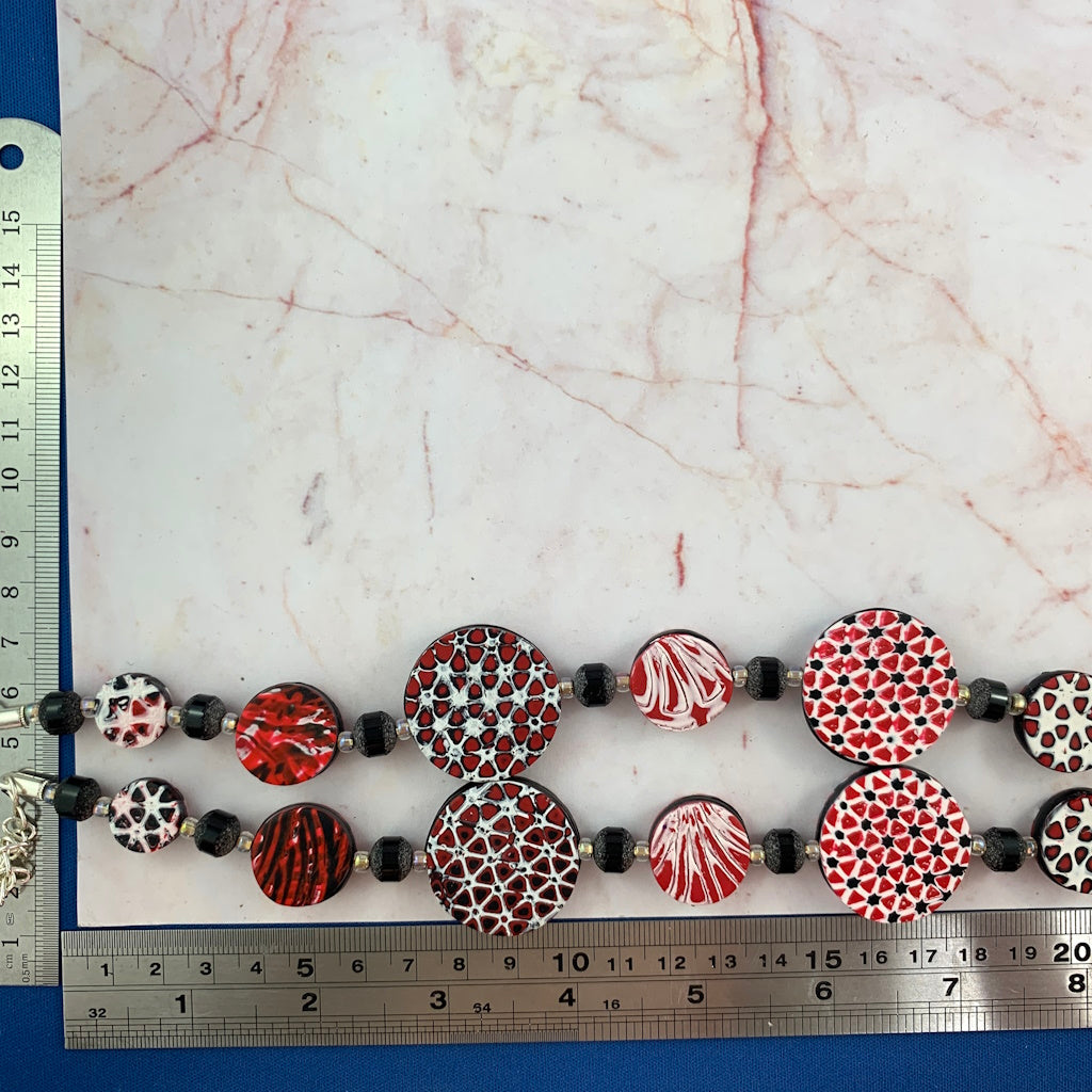 Rennique mokume ganae necklace length measurement designer clay jewelry red black white statement necklace size reference artisan handmade