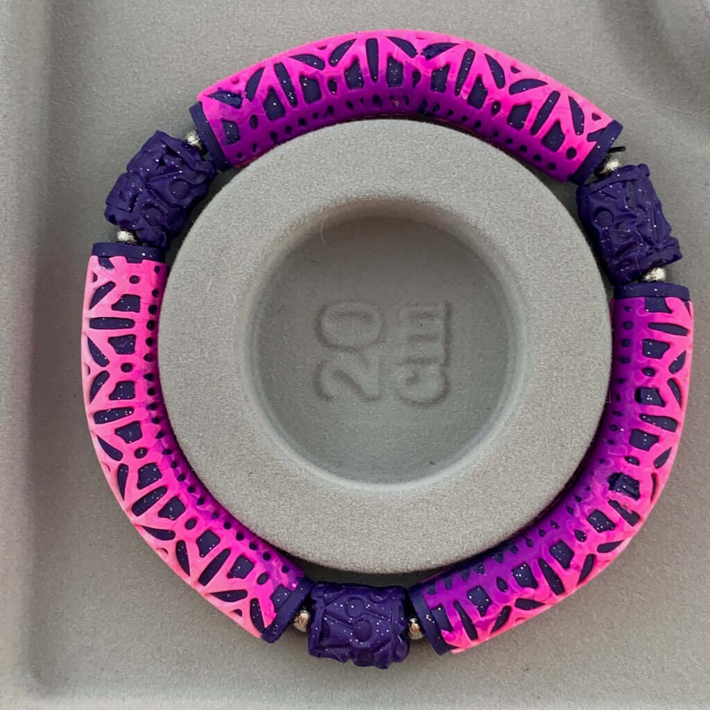 Rennique pink and purple bangle 20cm polymer clay geometric handmade bracelet lightweight statement jewellery modern artisan design