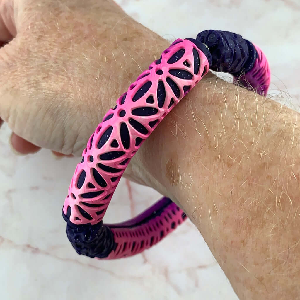 Rennique pink purple statement bracelet 20cm geometric pattern polymer clay jewellery bold handcrafted bangle contemporary design