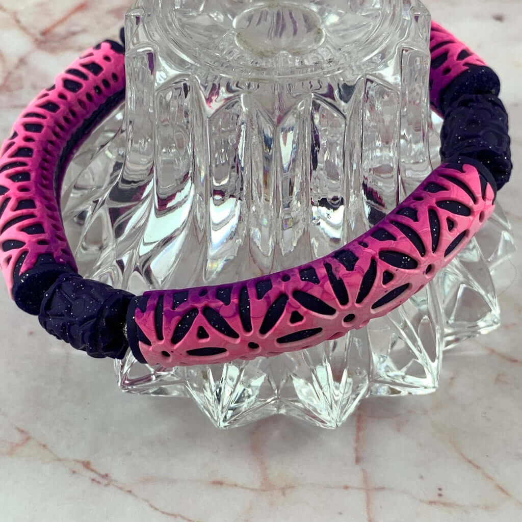 Rennique pink purple statement bracelet worn polymer clay geometric bangle bold wearable art modern handmade jewellery