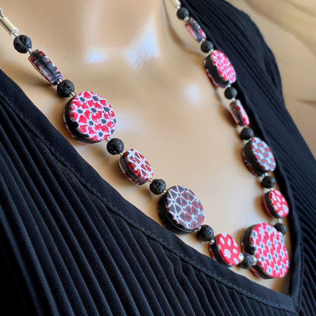 Rennique handcrafted polymer clay necklace red black white geometric design with size reference artisan jewellery