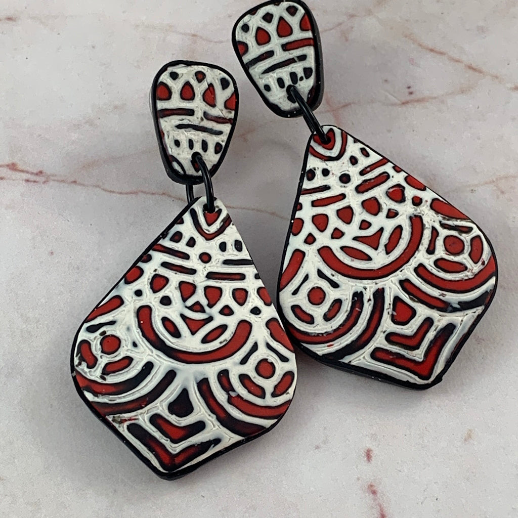Rennique red black white mandala drop earrings bold geometric pattern artisan handmade lightweight wearable art statement jewellery