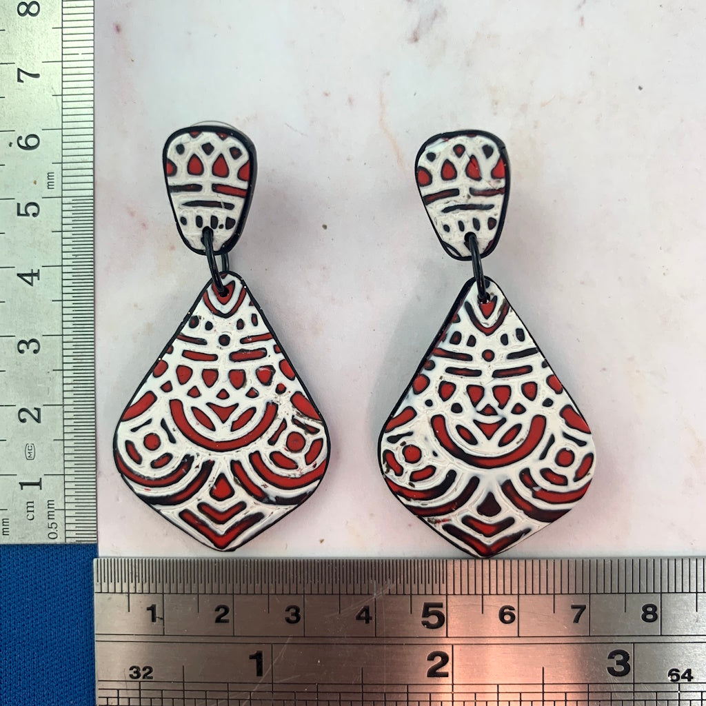 Rennique red black white mandala earrings size measurement artisan polymer clay lightweight statement drop earrings geometric boho design