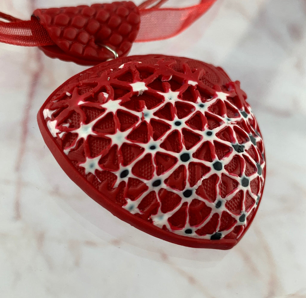 Rennique Australian artist made sculptural polymer clay pendant necklace in red with layered lace texture detail