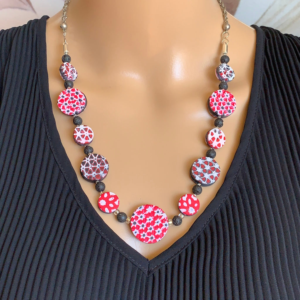 Rennique statement polymer clay necklace kaleidoscope of color red black white bold geometric artisan jewellery