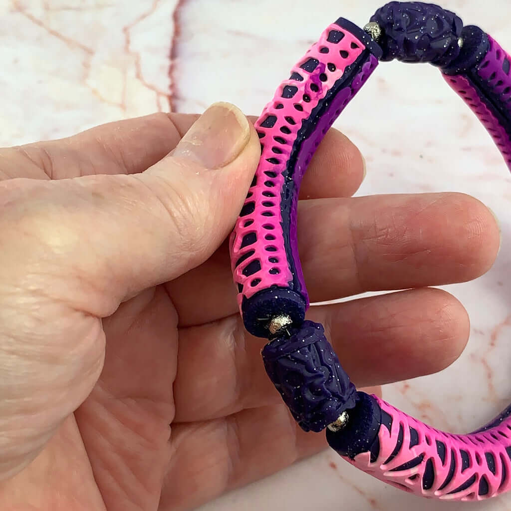 Rennique stretch cord polymer clay bracelet pink purple comfortable fit 20cm handmade jewellery flexible wearable statement piece