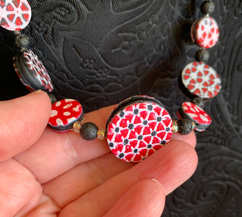 Rennique tropical abstract polymer clay necklace red black white handcrafted statement jewellery modern artisan style