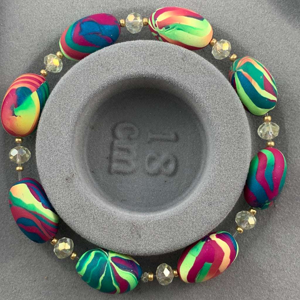 Rennique handcrafted 18 cm multicolour beaded bracelet with vibrant artisan polymer clay beads in pink, teal, lime and coral tones, crystal spacers and gold accents, handmade Australian jewellery.