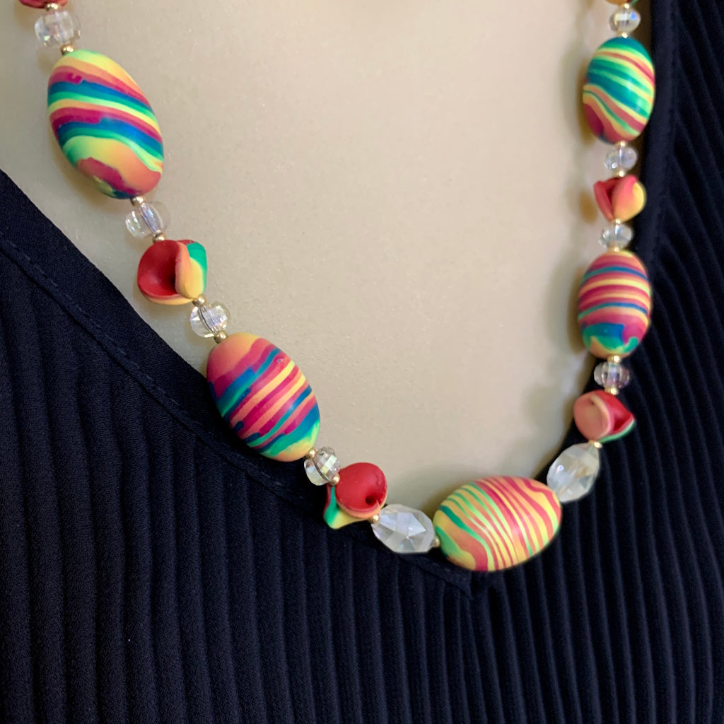 Rennique handcrafted multicolour statement necklace and matching drop earrings set featuring vibrant striped artisan beads, crystal accents and gold findings, perfect as bold handmade Australian jewellery.