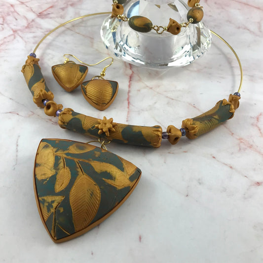 Handmade Blue Grey and Gold Leaf Jewellery Set with Pendant, Earrings & Bracelet