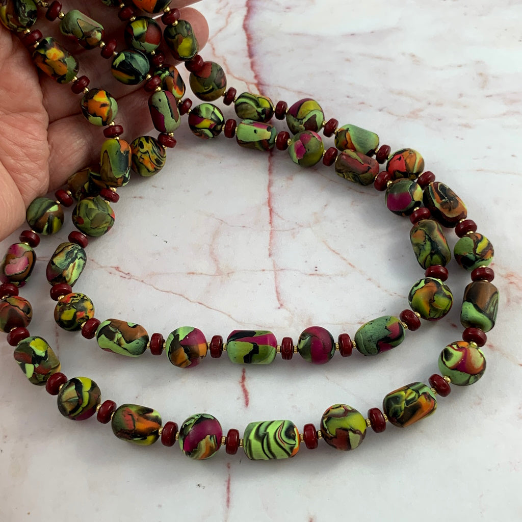 Long handmade necklace, artisan bead necklace, polymer clay jewellery Australia, statement necklace, unique gift for women