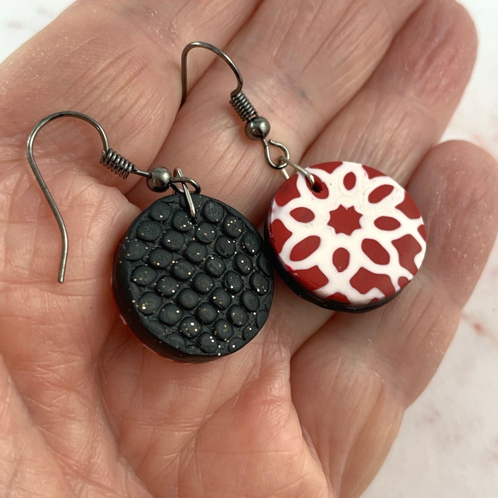 Black textured backing of handmade polymer clay earrings Australian artisan jewellery lightweight design