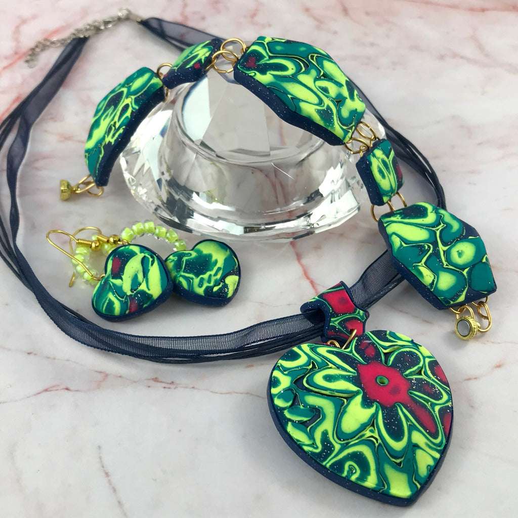 Complete handmade Colour Burst Flower jewellery collection with heart pendant necklace, bracelet and earrings, one of a kind artisan jewellery Australia