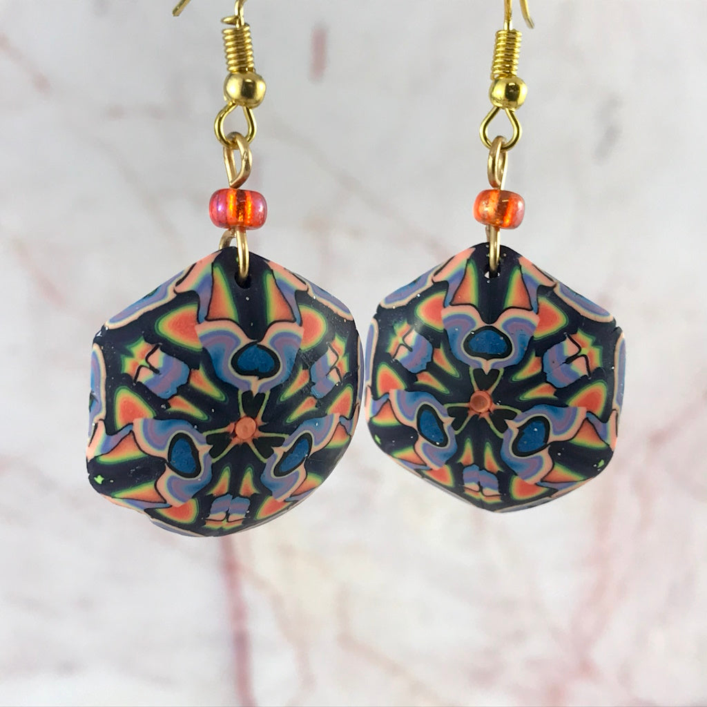 Handmade colourful polymer clay drop earrings with marbled bead detail by Rennique Australia.