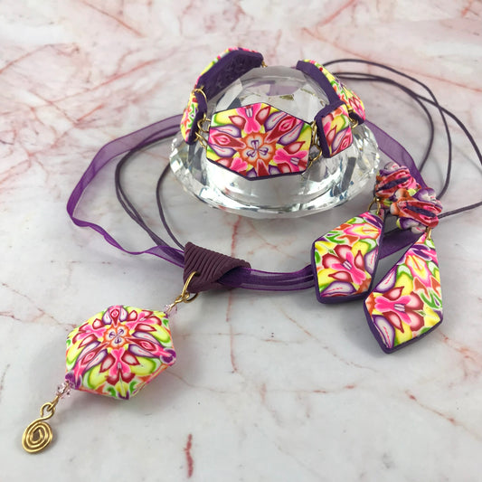 Handmade floral polymer clay jewellery set with matching necklace, bracelet, and earrings by Rennique Australia.