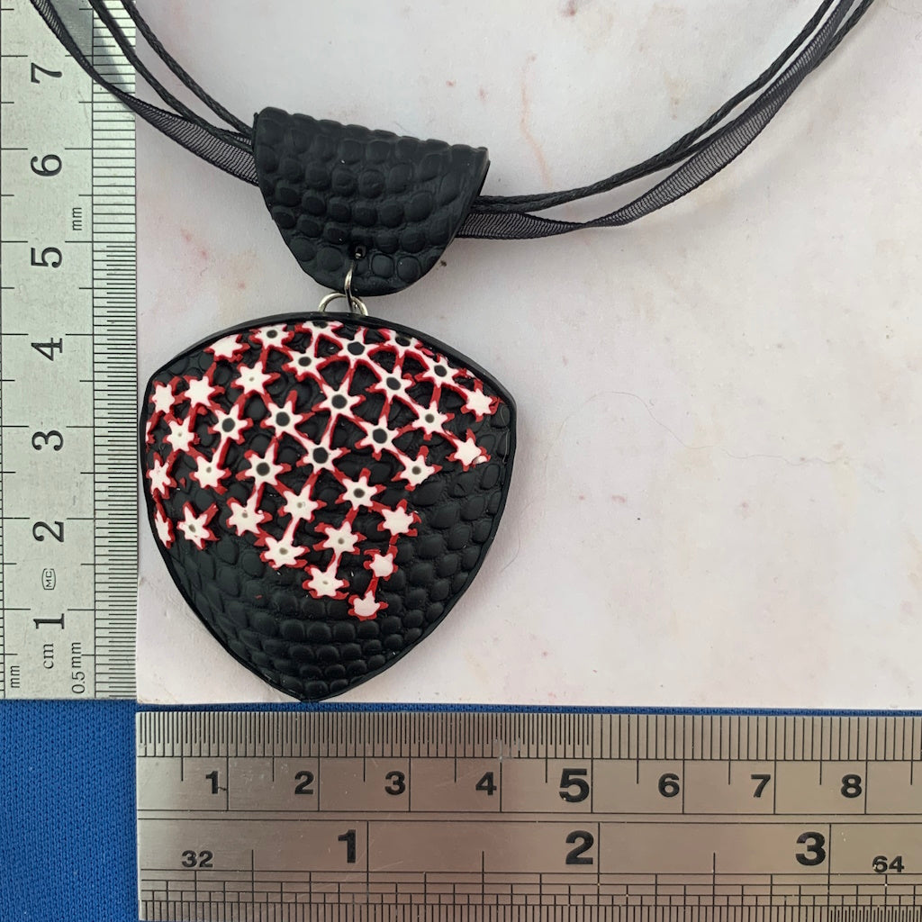 Large geometric statement pendant necklace shown with size guide Australian handmade jewellery