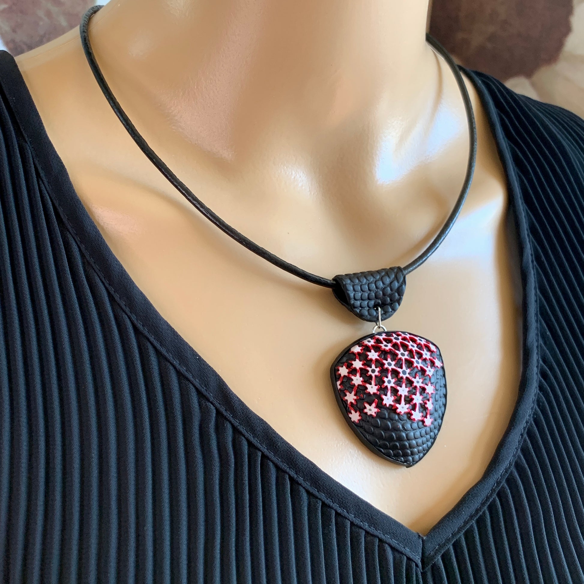 Modern geometric artisan pendant necklace red white and black bold Australian jewellery