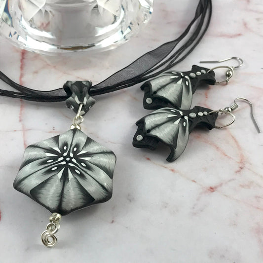 One of a kind handmade black white and grey polymer clay jewellery set with pendant necklace and matching earrings, artisan jewellery gift Australia