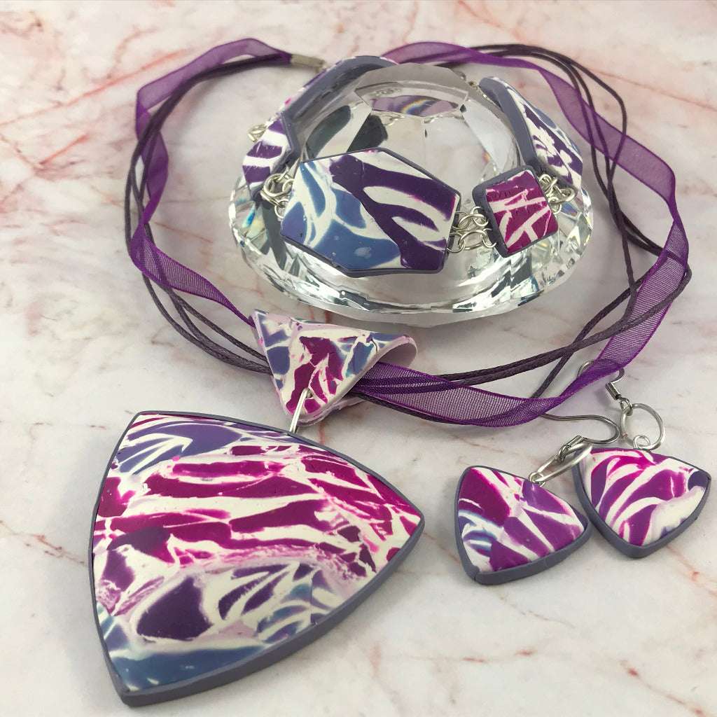 One of a kind handmade purple pink white marbled jewellery set with pendant, bracelet and earrings, artisan polymer clay jewellery Australia