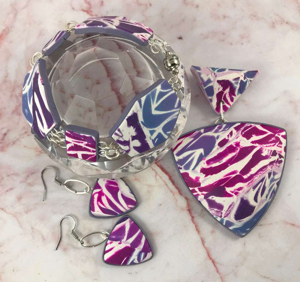 Handmade purple pink white marbled polymer clay bracelet and statement pendant set with silver findings, artisan jewellery Australia