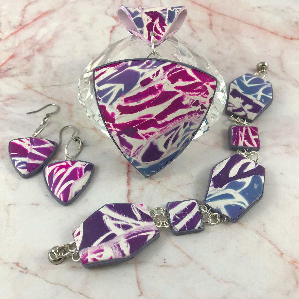 Complete handmade purple pink and white marbled jewellery set with pendant necklace, bracelet and matching earrings, artisan jewellery Australia