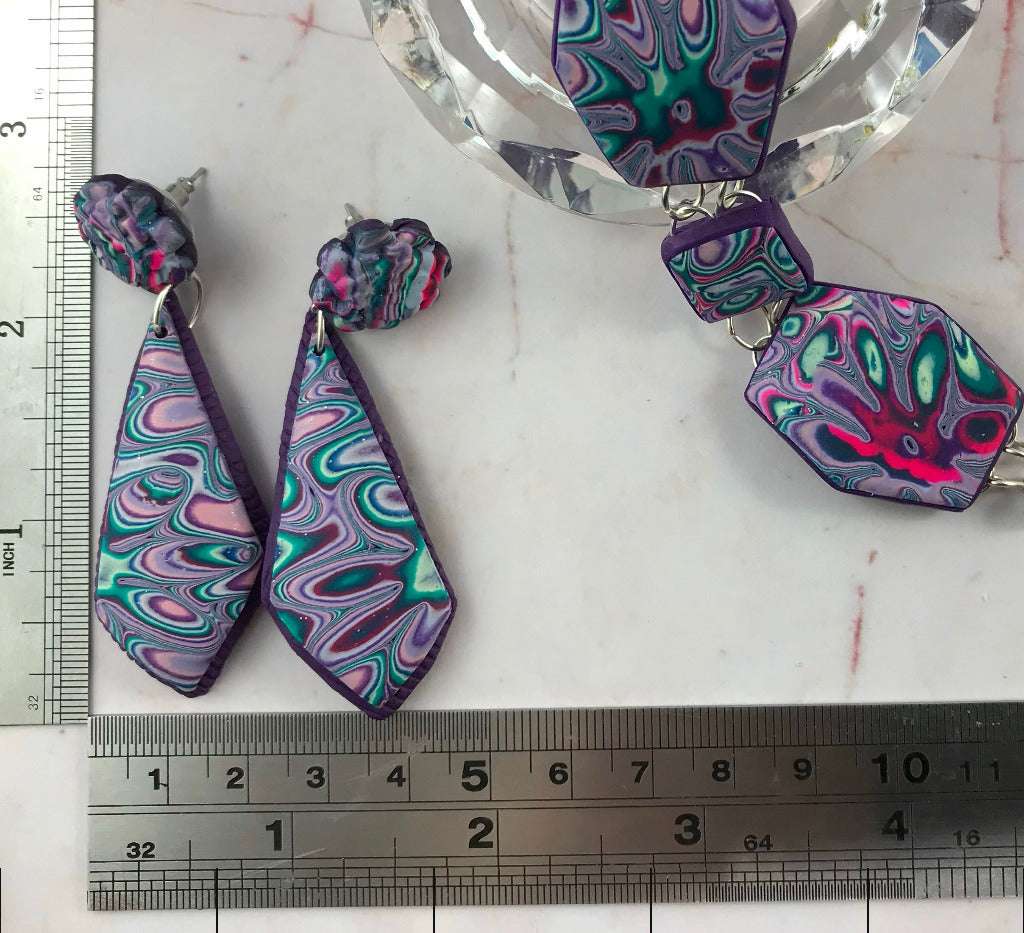 Handmade long dangle earrings in purple, teal and pink marbled polymer clay, lightweight statement earrings Australia