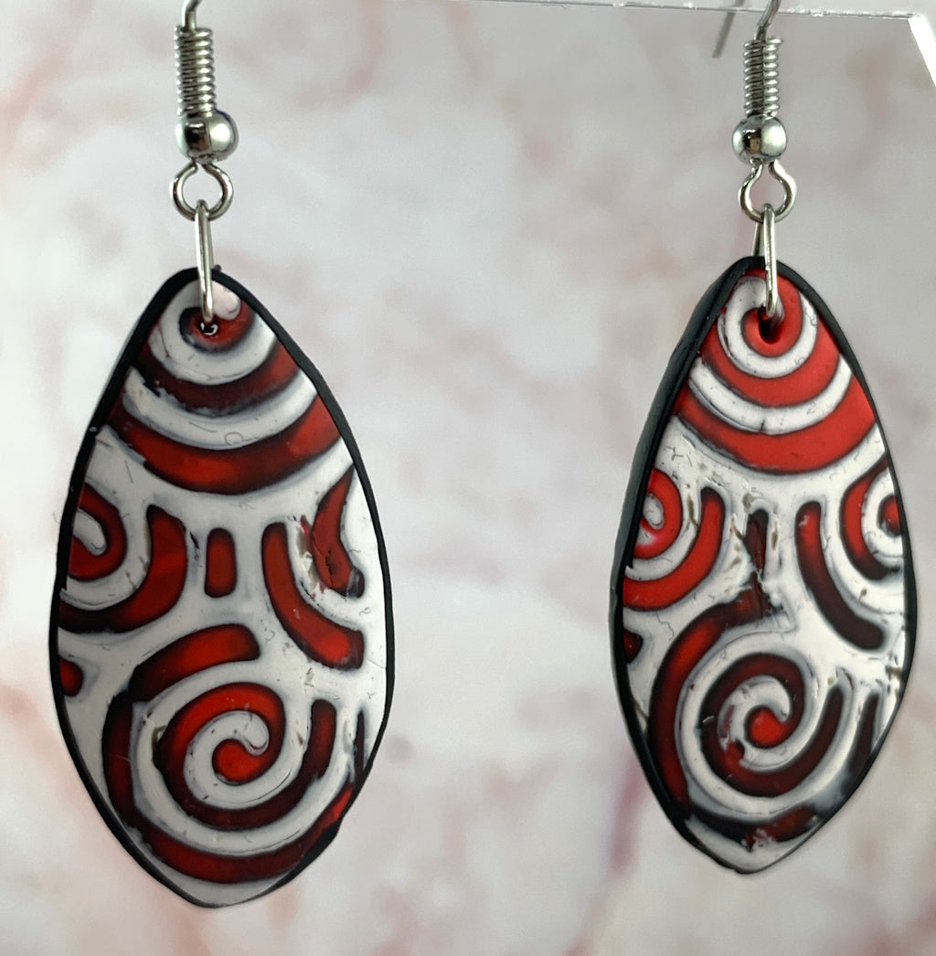 Red and white teardrop statement earrings handmade polymer clay swirl design with silver hooks
