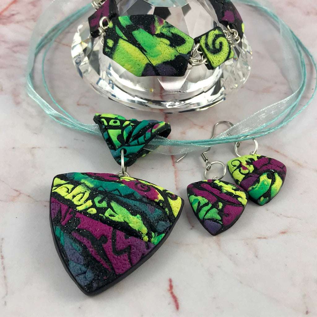 Rennique complete modern patchwork polymer clay jewellery collection with pendant, earrings and matching bracelet