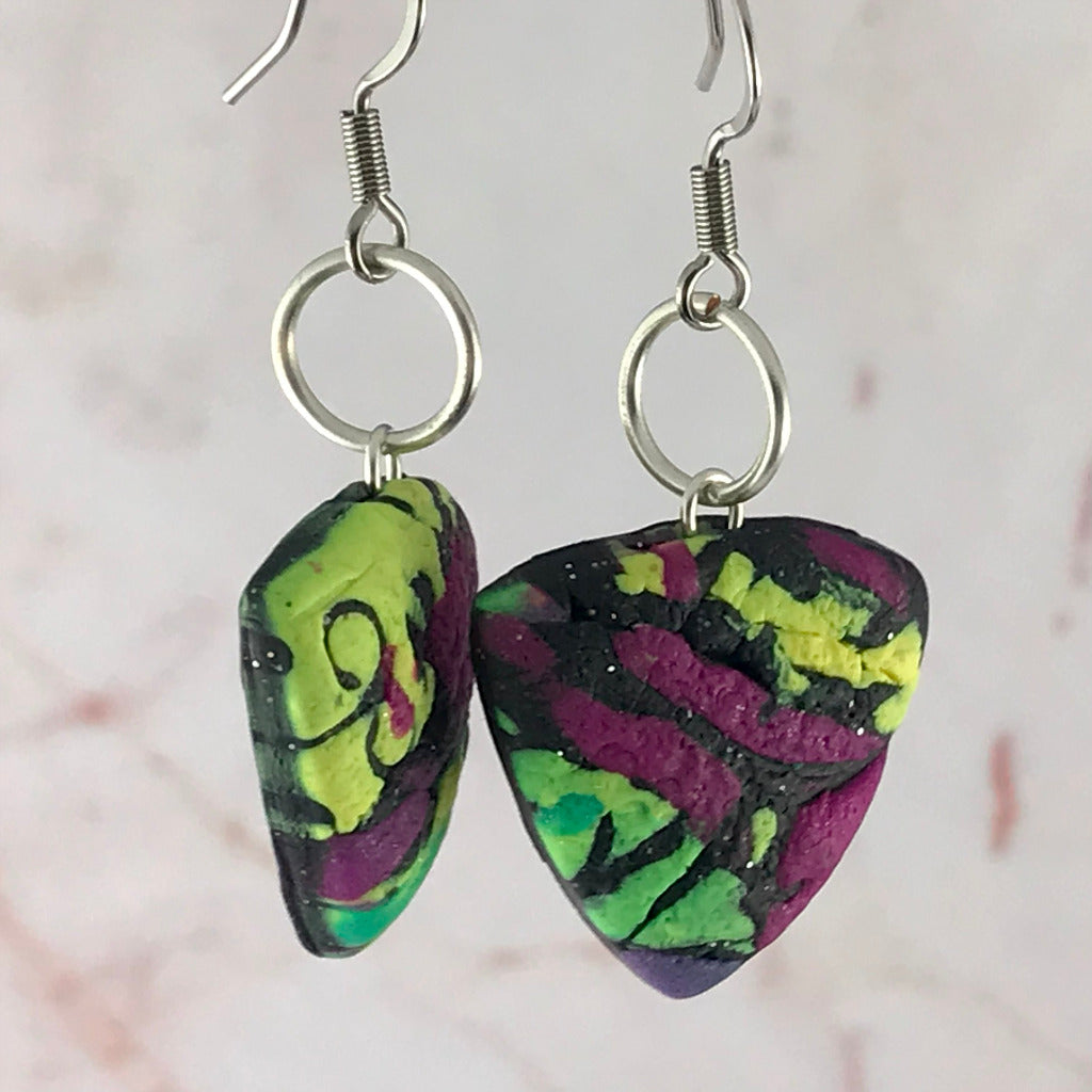 Rennique matching polymer clay drop earrings in modern patchwork design with bold purple, green and black textured finish