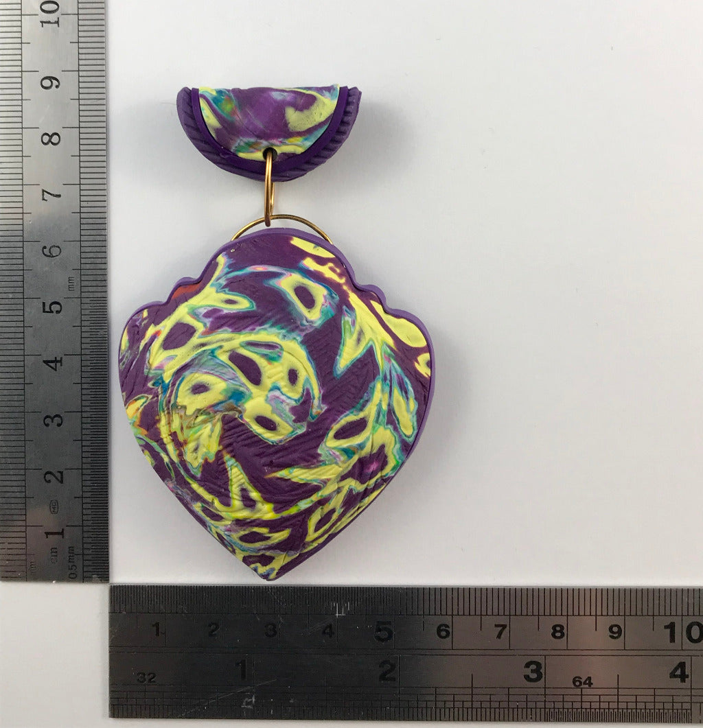 Rennique purple heart swirl polymer clay feature pendant with ruler size reference, handmade statement necklace in purple and yellow swirl design